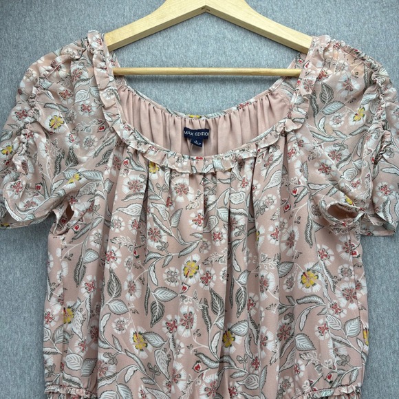 MAX EDITION Top Womens L Rose Pink Knit Floral Smocked Peplum Earthy Blouse NWT - Picture 2 of 12
